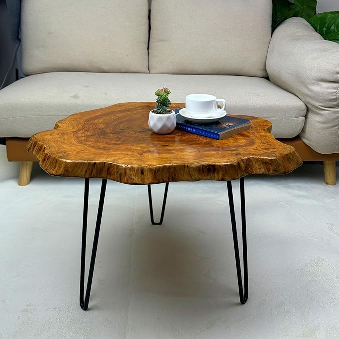 Live Edge Coffee Table, Natural Wood Side Table for Living Room with Metal Hairpin Legs, Large Wooden Rustic End Table Desktop (Medium)