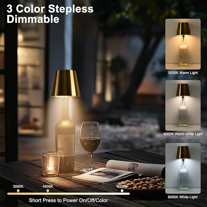 Wine Bottle Lamp, 2025 New 3 Color Rechargeable Wireless Bottle Lamp for Liquor Bottles with Touch Dimming for Parties, Restaurants & Home Decor (Gold)