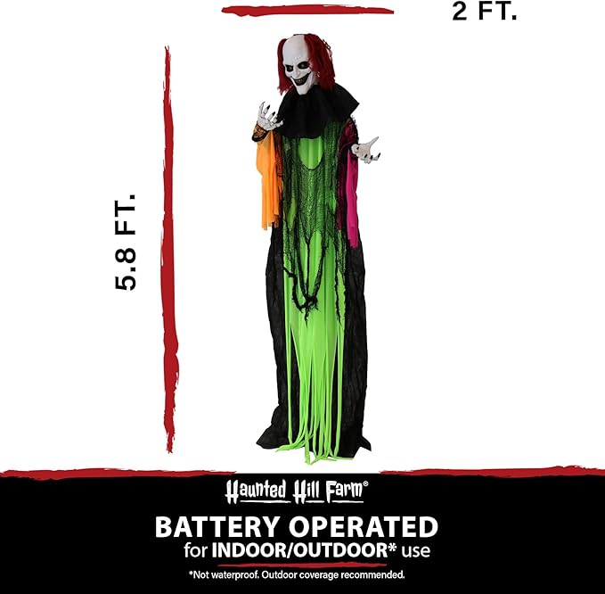 Haunted Hill Farm Life-Size Scary Talking Clown Halloween Animatronic with Motion and Touch Activated Lights and Sounds, Battery Operated Indoor or Covered Outdoor Creepy Halloween Decorations
