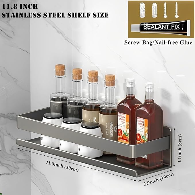 Nail-Free or Drilling Stainless Steel Detachable Floating Wall Mounted Shelves for Kitchen, Bathroom, Baking Paint Process, Corrosion and Rust Resistant, Set of 1 Gray