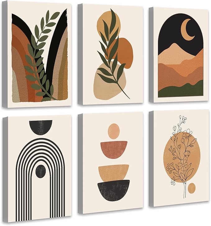 Drsoum Boho Wall Decor 12x16in Bohemain Wood Wall Art Mid Century Modern Minimalist Abstract 𝗙𝗿𝗮𝗺𝗲𝗱 Boho Room Decor 6pcs (Framed)