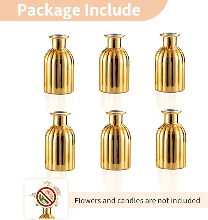 NUPTIO Bud Vases Glass Gold: 6 Pcs Small Vase Set in Bulk for Flowers - Mini Vintage Flower Bottle Single Assorted Vases for Wedding Table Centerpieces