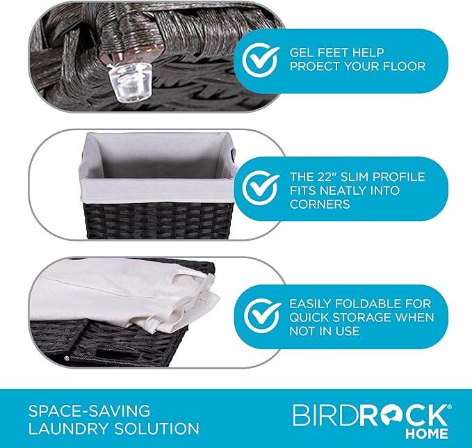 BIRDROCK HOME 22" Laundry Hamper with Removable Liner Bag - Handwoven PE Rattan Clothes Basket - Compact & Collapsible Laundry Storage for Bedroom & Bathroom - Perfect for Small Spaces - Slim, Brown