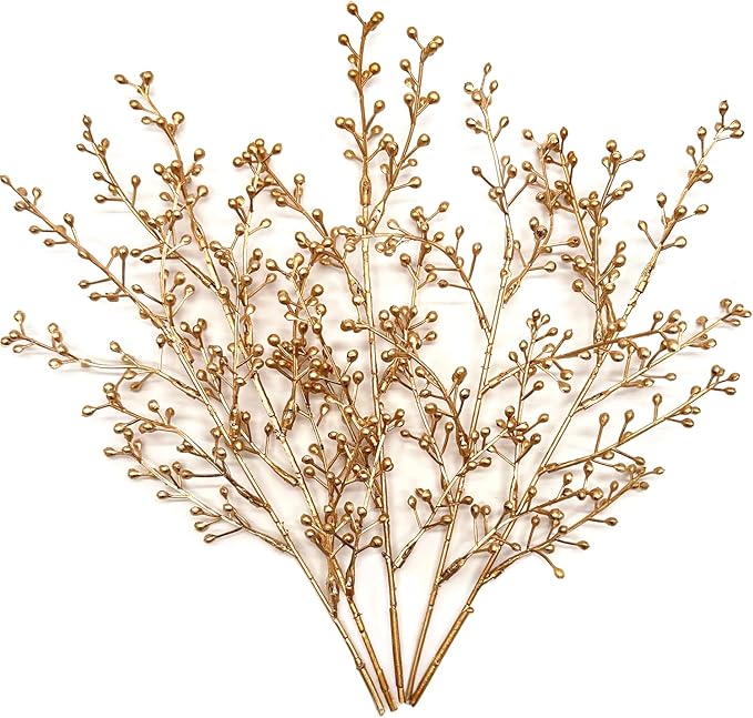 Artificial Golden Berry Stem Decor, Faux Glitter Flowers Stems Branches Plants Fake Berries Sticks Plant for Indoor Wedding Bouquet Party Wreath Crafts Gift Christmas Tree DIY Decoration - Gold 6 Pcs