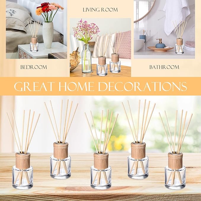 Roshtia 30 Set Reed Diffuser Bottle Empty Refillable Fragrance Glass Diffuser Bottles Set with Wooden Caps Rattan Sticks 50ml 1.7 oz Round Glass Jars for DIY Fragrance