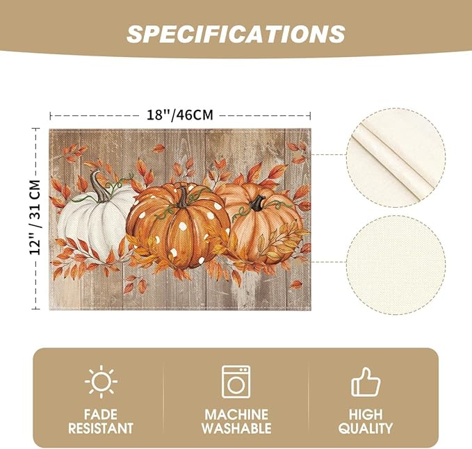 Artoid Mode White Pumpkin Wood Grain Fall Placemats Set of 6, 12x18 Inch Seasonal Thanksgiving Holiday Table Mats for Party Kitchen Dining Decoration