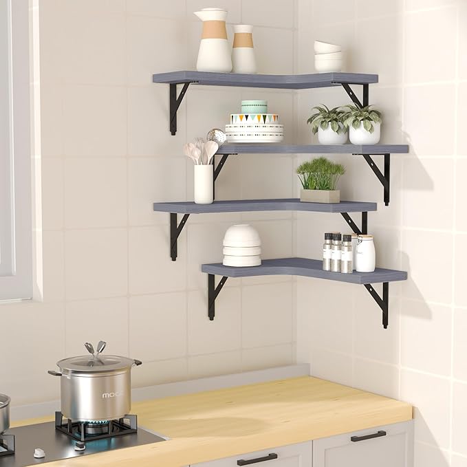 Corner Floating Shelves Wall Mounted Set of 4, Rustic Wood Storage Display Wall Shelves for Home Decor, Bathroom, Kitchen, Bedroom, Living Room, Office (Grey)