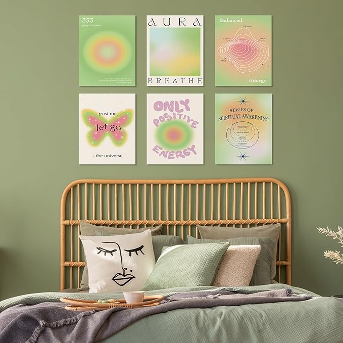 Habseligkeit Green Cute Room Decor, Gradient Wall Posters, Buttefly Wall Art Prints, Aura Posters for Grils Aesthetic Bedroom 8x10inch, Unframed, Set of 6