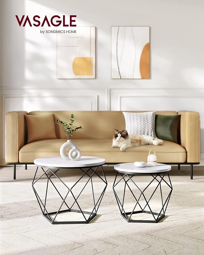 VASAGLE Small Coffee Table Set of 2, Round Coffee Table with Steel Frame, Side End Table for Living Room, Bedroom, Office, Marble White and Ink Black
