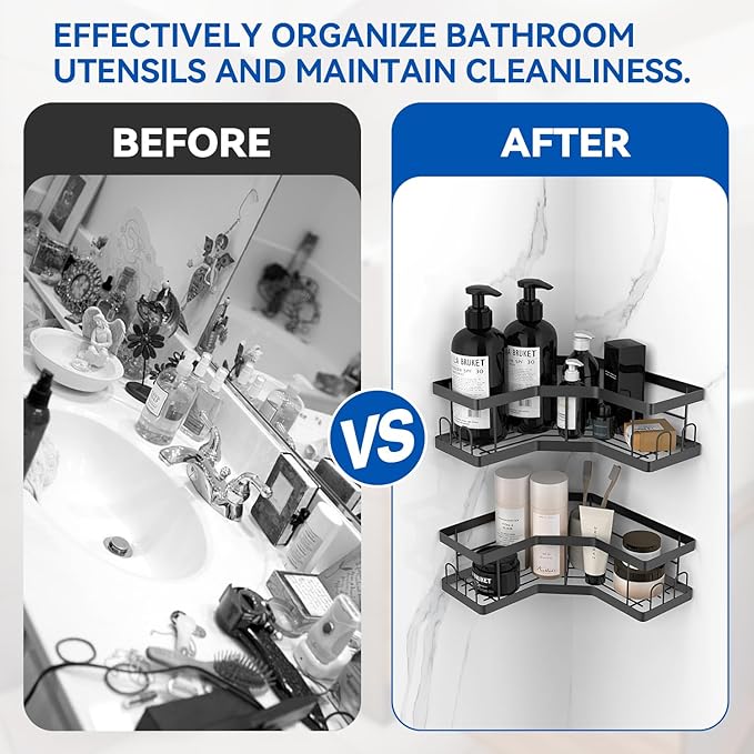 Shower Caddy Organiser - 3 Pack Rust-Resistant Black Shower Shelves, No Drilling Adhesive Mount, Soap Holder - Bathroom Storage Accessory