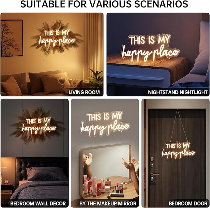 Neon Lights for Wall Decor - This Is My Happy Place Neon Signs for Teen Girls Bedroom Decor, Led Sign for Wall Decor, Nightstand Light, Dimmable Switch USB Power, Adhesive Hook Included