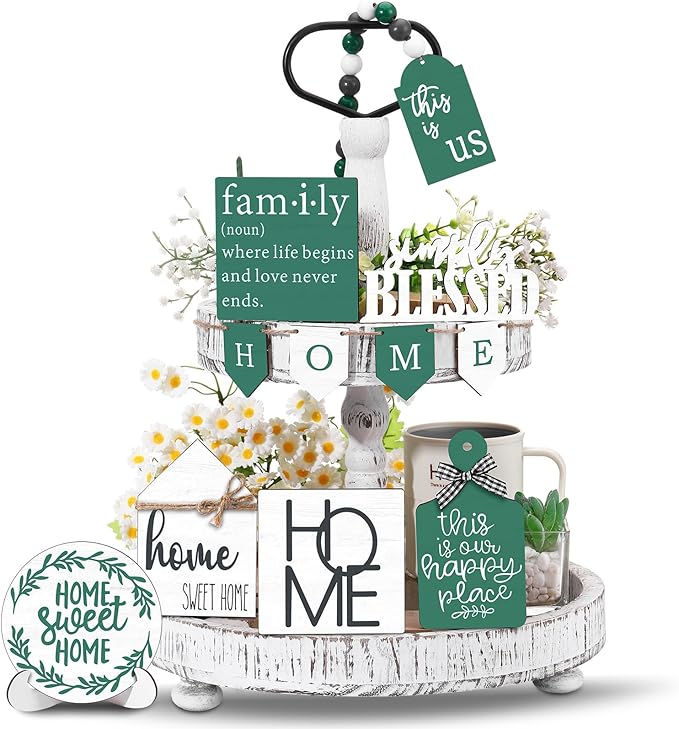Set of 11 Spring Farmhouse Tiered Tray Decor Rustic Spring Home Tiered Decorations Set Home Wooden Signs Green Farmhouse Tabletop Wood Trays for Decorative Trays