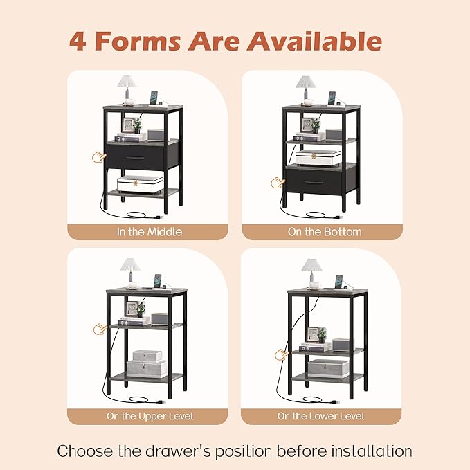SUPERJARE Nightstand Set of 2, Bed Side Tables with Charging Station, Adjustable Fabric Drawer, Night Stand for Bedroom, 3-Tier Storage End Tables, for Living Room - Charcoal Gray 8030HC