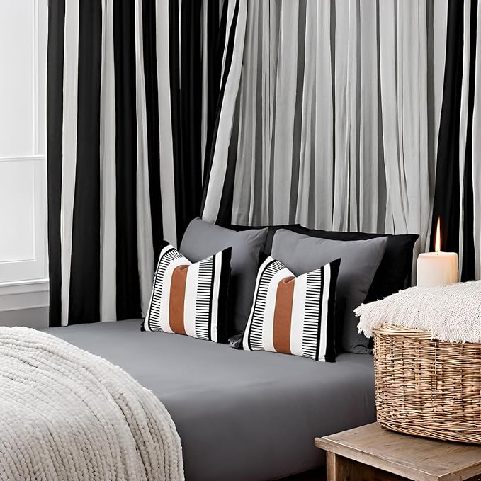 Set of 2 Striped Boho Throw Pillow Covers 16x16 inch, Modern Leather Pillow Cover for Couch Sofa Bed, Farmhouse Decor Patchwork Accent Pillowcase, Black