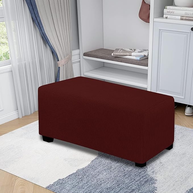 Easy-Going Stretch Ottoman Cover Folding Storage Stool Furniture Protector Soft Rectangle slipcover with Elastic Bottom (Large, Wine)