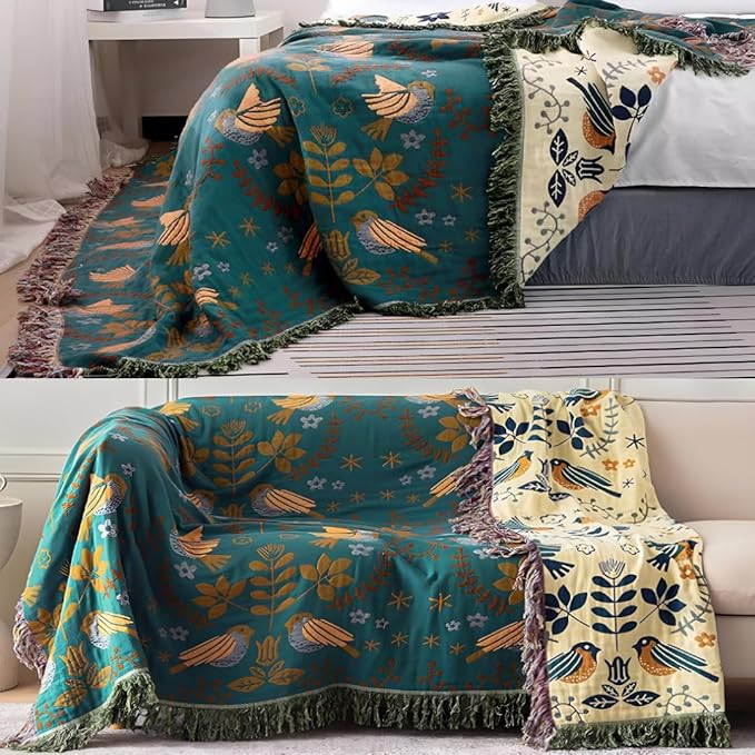 Boho Throw Blankets 100% Cotton for Bed Couch 90"x98", Reversible and Soft Mexican Blankets Lightweight Muslin Blankets Farmhouse Warm Throws Gifts for Women Mom