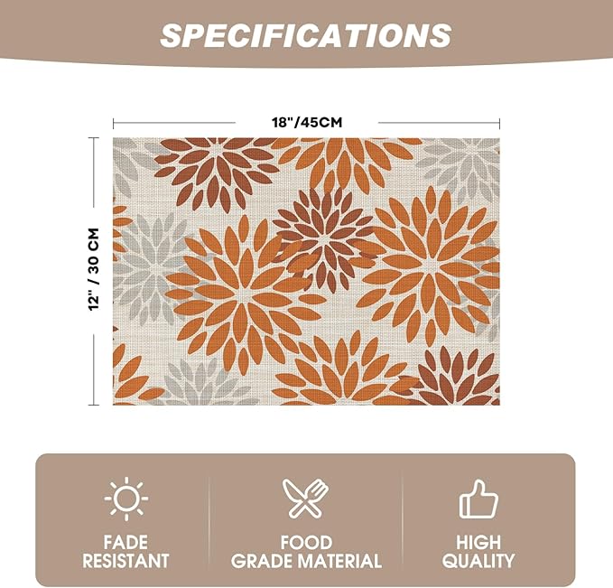 Artoid Mode Floral Vinyl Placemats Set of 6, Heat Resistant Washable Non-Slip Plistic PVC Place Mats for Fall Thanksgiving Party Kitchen Dining Decor, Orange