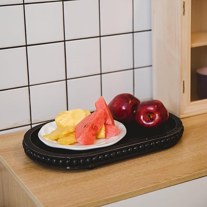 HPC Decor 15in Oval Tray for Home Decor - Black Wood Beaded Tray - Decorative Serving Tray,Rustic Farmhouse Wooden Trays for Vintage Centerpiece,Kitchen Counter,Living Room Decor,Coffee Table Decor.