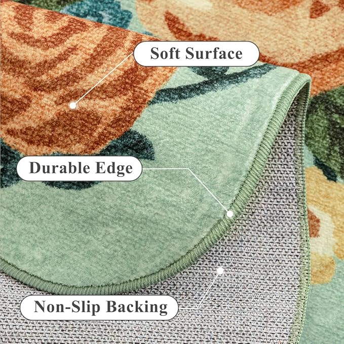 Washable Floral Area Rug 5x7 Green Living Room Carpet Scalloped Flower Non Slip Soft Bedroom Rug Farmhouse Low Pile Thin Indoor Floor Cover for Office Dining Room Kitchen Bathroom