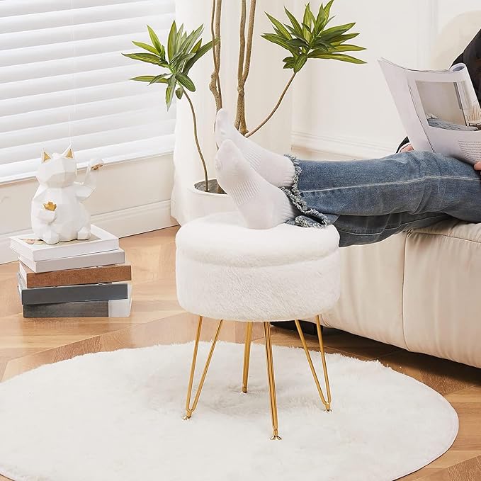 Cplxroc Footrest Footstools Round Faux Fur Ottoman with Storage Space Soft Vanity Chair Seat Coffee Table Ottoman Small Side Table Metal Legs with Adjustable Footings (Cream)