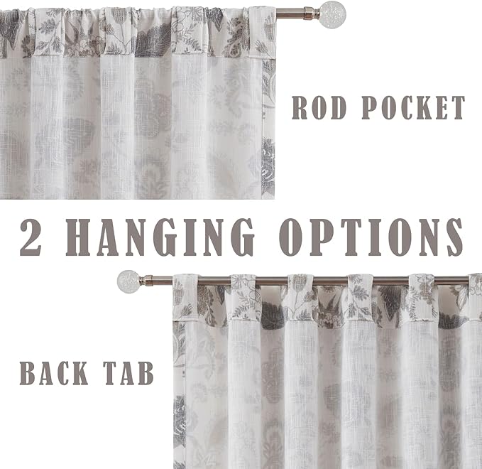 Kayne Studio Linen Grey Curtain Panels Linen Textured Botanical Leaf Print Floral Farmhouse Linen Curtain Drapes Light Filtering Window Treatments Living Room Bedroom Rod Pocket Back Tab,52"x102"x2