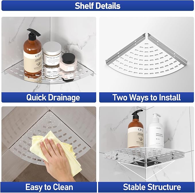 Corner Shower Shelves 304 Stainless Steel Polished Chrome Shower Corner Shelf 8in Corner Shower Shelf Drilling Installation Strong Load-Bearing Capacity