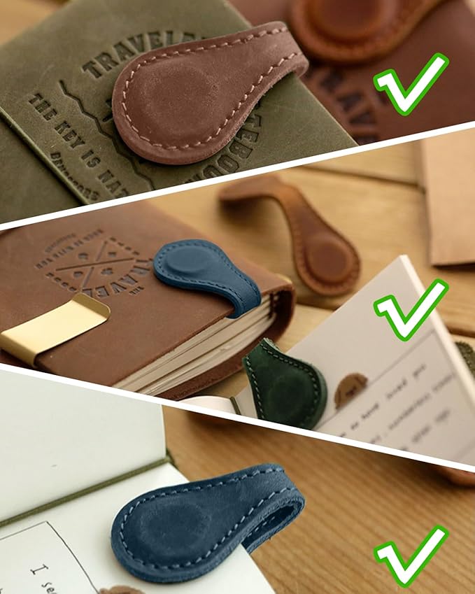 2Pcs Magnetic Leather Bookmarks for Women & Men - Vintage Faux Double-Sided Book Mark Clips, Reader Accessories for Books/Notebooks, Book Lover Gift Set (Blue + Brown)