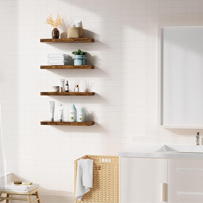 Bellsal Floating Shelves for Wall, Rustic Brown Wood Wall Shelf Set of 4, 16" Wall Mounted Floating Shelf for Kitchen