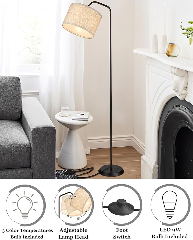 ELYONA Floor Lamp for Living Room with 3 Color Temperatures, Modern Standing lamp with Beige Linen Adjustable Hanging lampshade, Tall Pole Reading Lamp with 9W LED Bulb for Bedroom, Office, Black