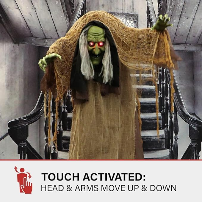 Haunted Hill Farm Talking Hunchback Witch, Halloween Animatronic with Movement and Lights for Battery Operated Scary Indoor or Covered Outdoor Halloween Decorations, Creepy Halloween Prop