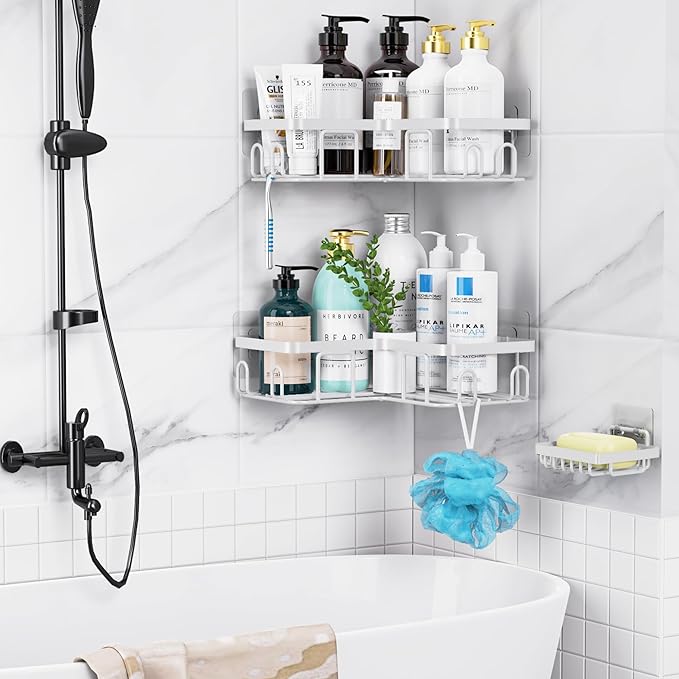 Moforoco Corner Shower Caddy, 3 Pack Organizer with Soap Holder and 12 Hooks, Adhesive Shelves Rustproof for Bathroom, Storage Basket with Accessories (White)