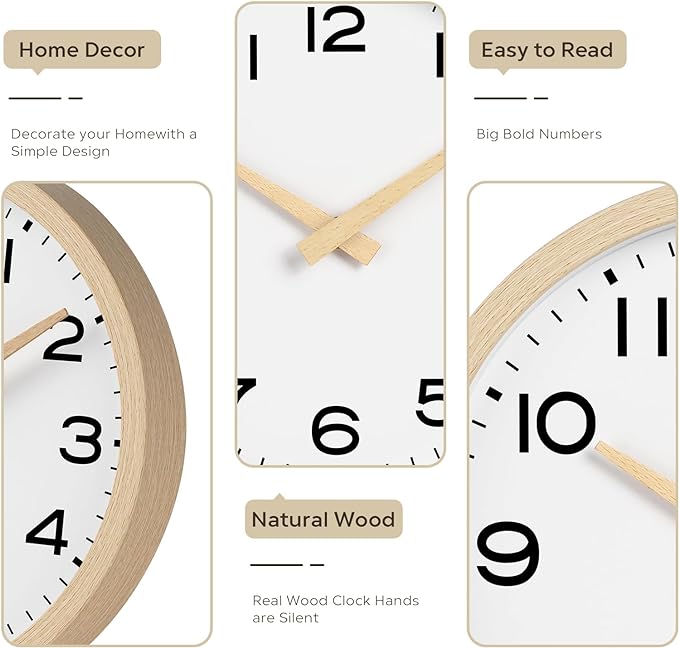 AKCISOT Wall Clock 14 Inch,Boho Large Wall Clocks Battery Operated Non Ticking,Big Silent Modern Clock Decorative for Living Room,Bedroom,Office,Home(Wood Grain)