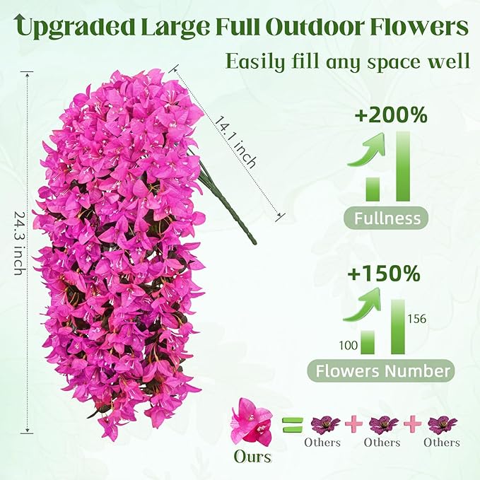 8Pcs UV Resistant Artificial Flowers for Outdoors, Realistic Faux Silk Bougainvillea Flowers, Fake Hanging Plants for Porch Patio Balcony Decoration (Purple)