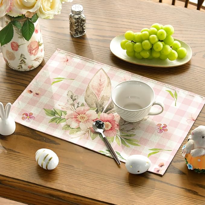 Artoid Mode Pink Buffalo Plaid Bunny Ears Flower Easter Placemats Set of 4, 12x18 Inch Seasonal Holiday Table Mats for Party Kitchen Dining Decoration