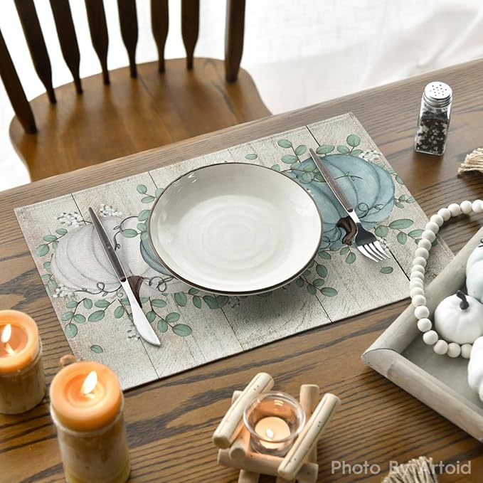 Artoid Mode Wood Pumpkins Harvest Vintage Fall Placemats Set of 4, 12x18 Inch Eucalyptus Leaves Autumn Thanksgiving Table Mat for Party Dining Decoration