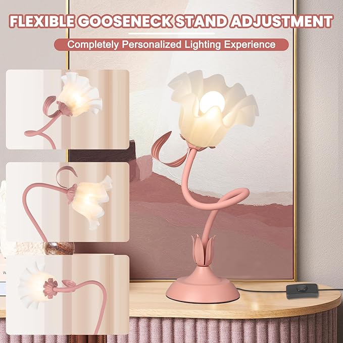 Flower Desk Lamp,LED Reading Light Bedside Vintage Flower Night Light,3 Colors Modes Cute Bedside Lamps Decor,Living Room Bedroom Room Kawaii Lighting Table Lamps Home Decoration (Pink)