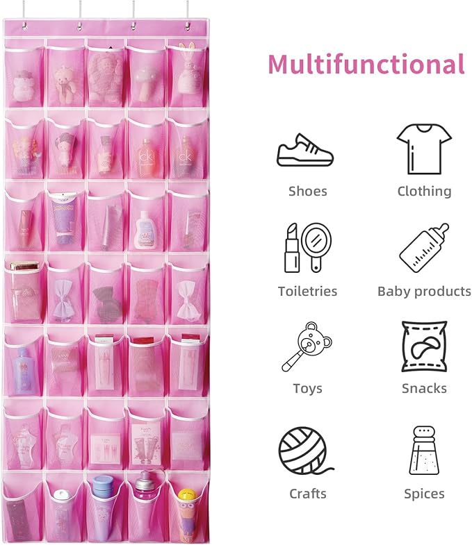 35 Pockets Over the Door Shoe Organizer, Hanging Shoe Organizer for Door with 35 Mesh Pockets Large Capacity Shoe Hanging Storage Bag with 4 Metal Hooks (Pink-1Pack)