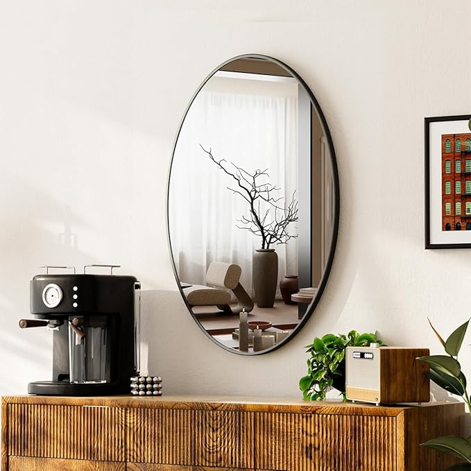 Black Oval Bathroom Mirror, 20 x 28 inch Modern Oval Wall Mounted Vanity Mirror with Tempered Glass Hanging Horizontally or Vertically, Black