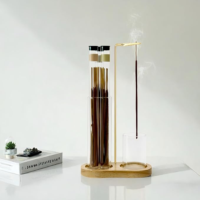 Glass Incense Holder, Incense Sticks Burner Holder with Storage,Hang Upside Down Incense Holder for Sticks with Glass Ash Catcher for Meditation Yoga Spa Room Decor