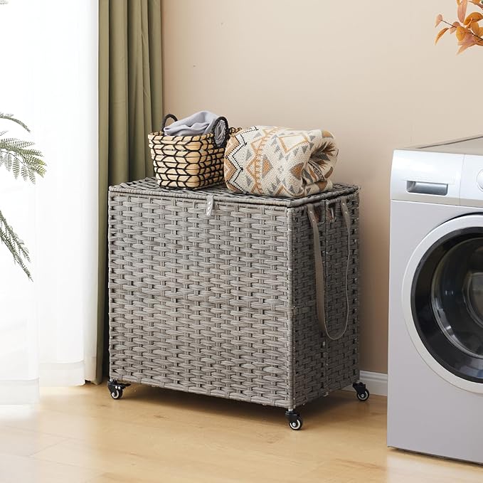 Laundry Hamper with Wheels, 39.6 Gallon(150L) Rolling Laundry Basket with Lid, 3-Section Rattan Clothes Hamper with 3 Removable Liner & 3 Mesh Bags, Laundry Sorter with Side Pocket, Grey