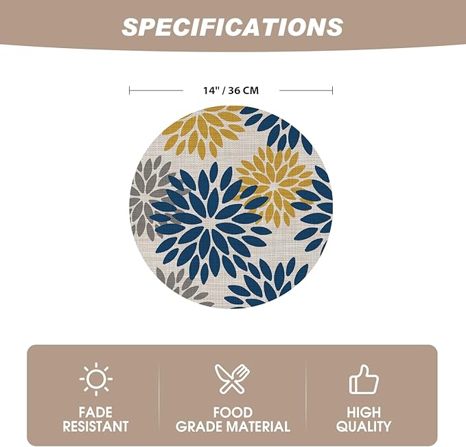 Artoid Mode Navy Yellow Dahlia Plastic Round Placemats Set of 4, 14 Inch Seasonal Wipeable Woven Vinyl Table Mats for Farmhouse Party Kitchen Dining Decor