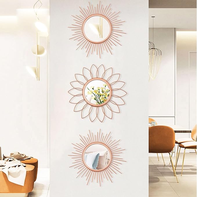 3 Pack Metal Mirrors for Wall Sunburst Wall Mirrors Home Décor Decorative Hanging Wall Art for Living Room Bedroom Entryway (Rose Gold, Flower+Sunburst)