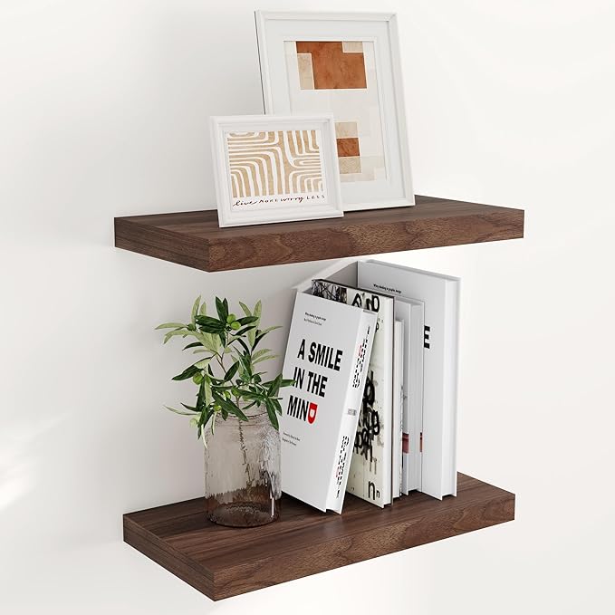 Floating Shelves 16"W x 9"D Set of 2, 9.3 Inch Deep Floating Shelf for Wall, Wall Mounted Bathroom Shelves, Wide Wall Shelves for Books, Rustic Floating Shelves for Living Room, Kitchen, Walnut Color
