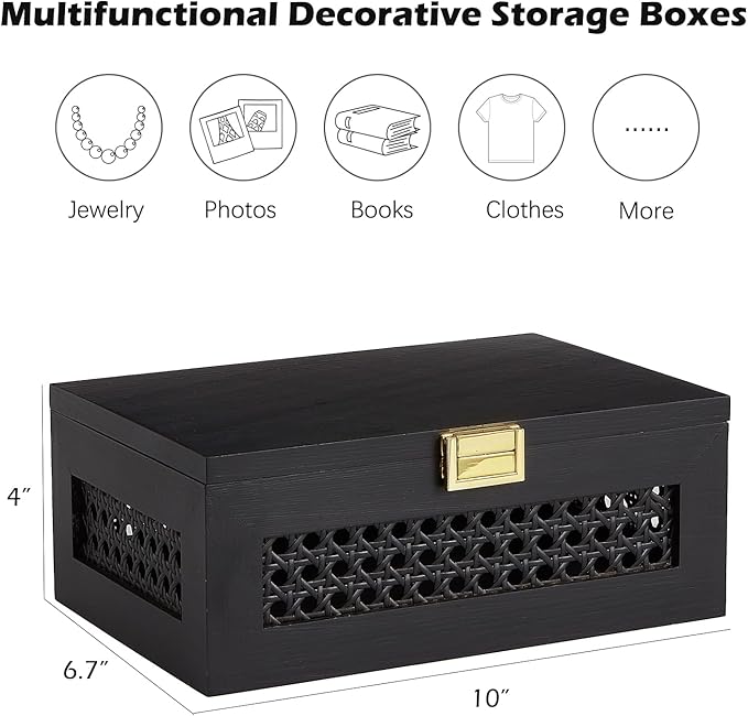 Decorative Rattan Storage Boxes Solid Wood Woven Baskets Bins with Lid Keepsake Memory Jewelry Box Natural Boho Shelf Wicker Closet Desk Organizer Container (Black, Small Size)