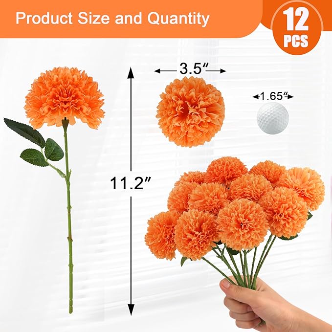 Hananona 12 Pcs Artificial Chrysanthemums Flowers Ball Flower, Orange Fake Mums Silk Fall Flowers for Autumn Home Decor Indoor Floral Arrangement Table Centerpiece (12, Orange)