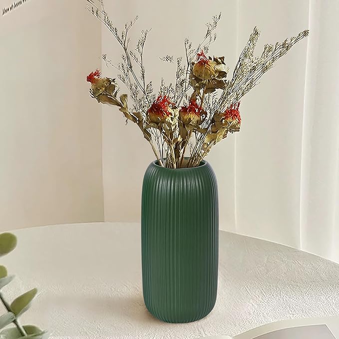 Green Ceramic Vase for Flowers, 8 INCH Modern Small Ribbed Textured Green Flower Vase for Home Decor, Pampas Grass, Decorative, Farmhouse, Coffee Table, Bookshelf and Home Living