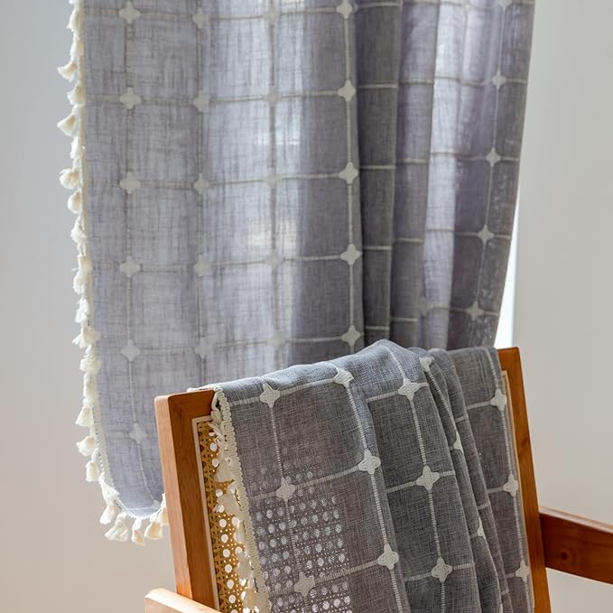 Sutuo Home Boho Curtains for Kitchen Nursery Room 63 Inches Long,Checkered Linen Light Filtering Farmhouse Bohemian Vintage Chic Tassels Window Treatment Drape, 1 Panel 52" W x 63" L, Dark Grey Plaids