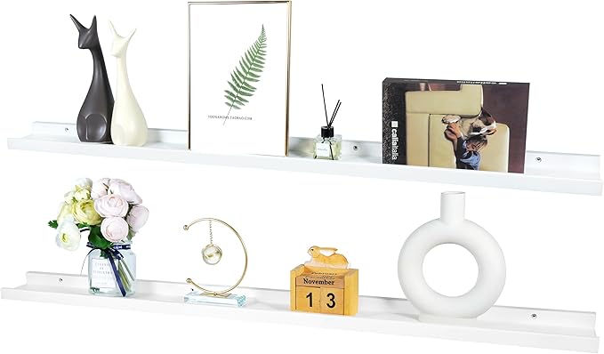 48 Inch White Long Floating Shelves Wall Mounted Set of 2, Solid Oak Wood Shelf for Storage, Rustic Hanging Shelves for Display, Bedroom Living Room Bathroom Kitchen, 48 * 4 * 1.5