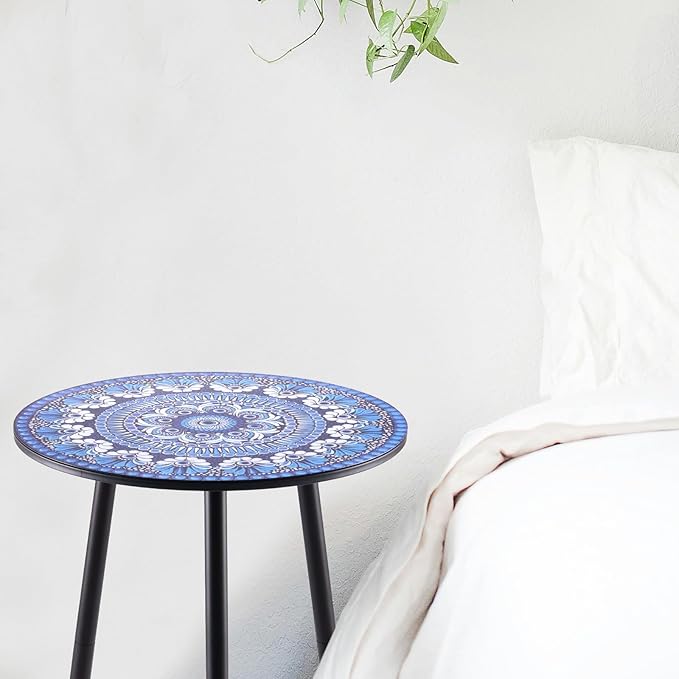 1 Pack Metal Mosaic Round Side Table 13.4" Small End Table for Patio Round Accent Garden Corner Stand for Small Spaces Weather-Resistant for Balcony Plant Stand Indoor Outdoor