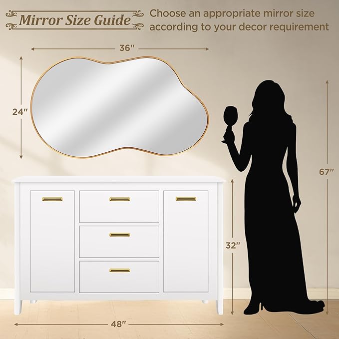Irregular Wall Mirror - Wall Mirrors Decorative 24"x36" Gold Asymmetrical Mirror Tempered Glass Aviation Aluminum Alloy Frame for Bathroom, Bedroom, Living Room, Cloakroom, Entryway